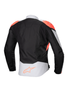 Alpinestars Stella T-Jaws V4 Waterproof Jacket, dames motorjas, zwart met ijsgrijs en fluoriserend koraal, achteraanzicht met koraalrode schouderaccenten en Alpinestars-logo op de onderrug, technische textielconstructie voor rijden in alle weersomstandigheden.