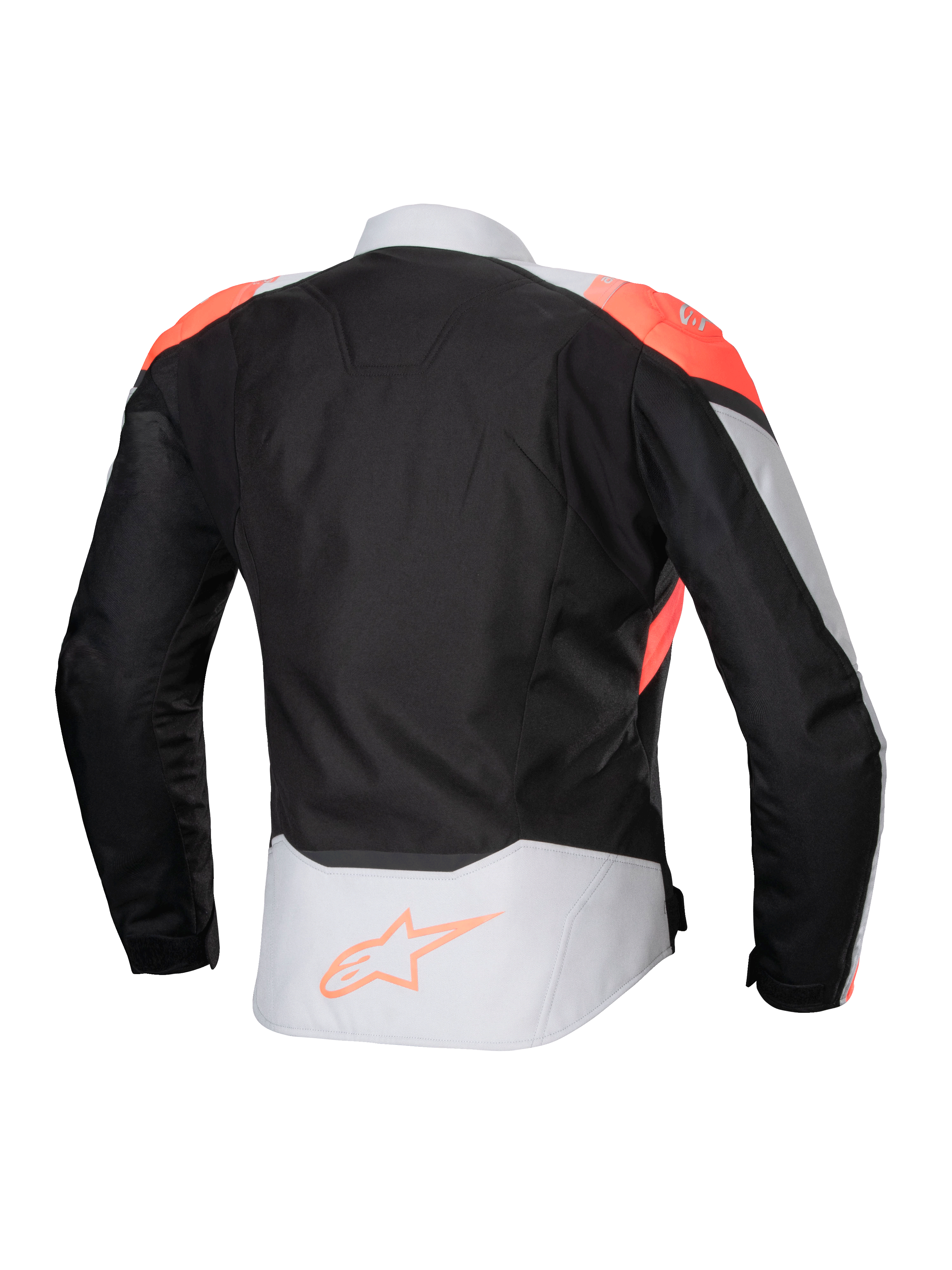 Alpinestars Stella T-Jaws V4 Waterproof Jacket, dames motorjas, zwart met ijsgrijs en fluoriserend koraal, achteraanzicht met koraalrode schouderaccenten en Alpinestars-logo op de onderrug, technische textielconstructie voor rijden in alle weersomstandigheden.