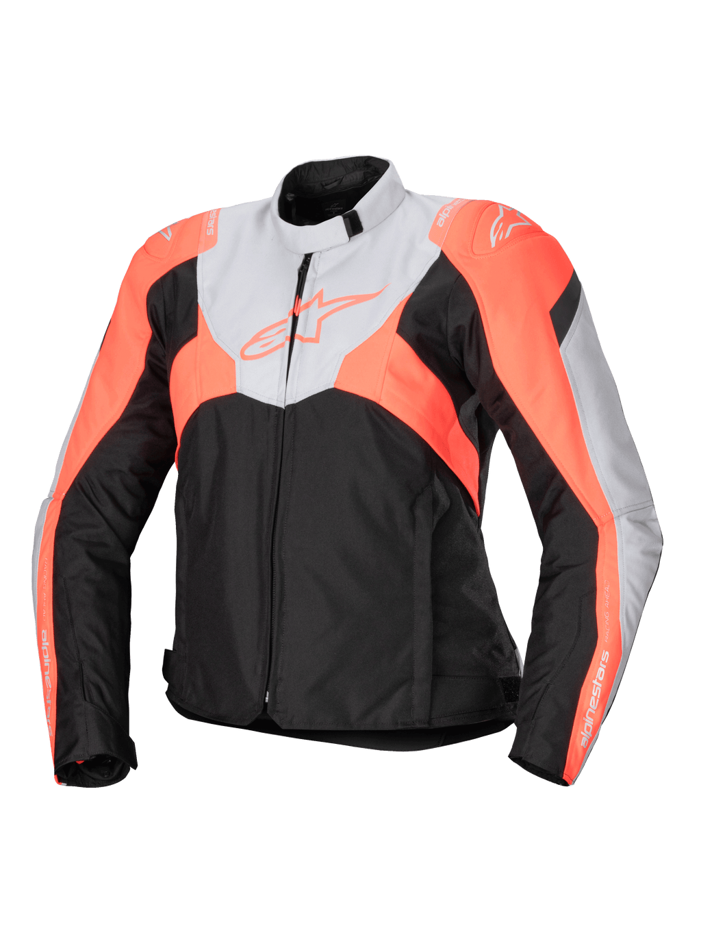 Alpinestars Stella T-Jaws V4 waterdichte motorjas, sportieve textiele damesmotorjas, zwart, ijsgrijs en fluo koraal, met een hoge kraag, ritssluiting aan de voorzijde, hoekige kleurvlakken en branding op de borst en mouwen