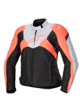 Alpinestars Stella T-Jaws V4 waterdichte motorjas, sportieve textiele damesmotorjas, zwart, ijsgrijs en fluo koraal, met een hoge kraag, ritssluiting aan de voorzijde, hoekige kleurvlakken en branding op de borst en mouwen