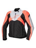 Alpinestars Stella T-Jaws V4 waterdichte motorjas, sportieve textiele damesmotorjas, zwart, ijsgrijs en fluo koraal, met een hoge kraag, ritssluiting aan de voorzijde, hoekige kleurvlakken en branding op de borst en mouwen