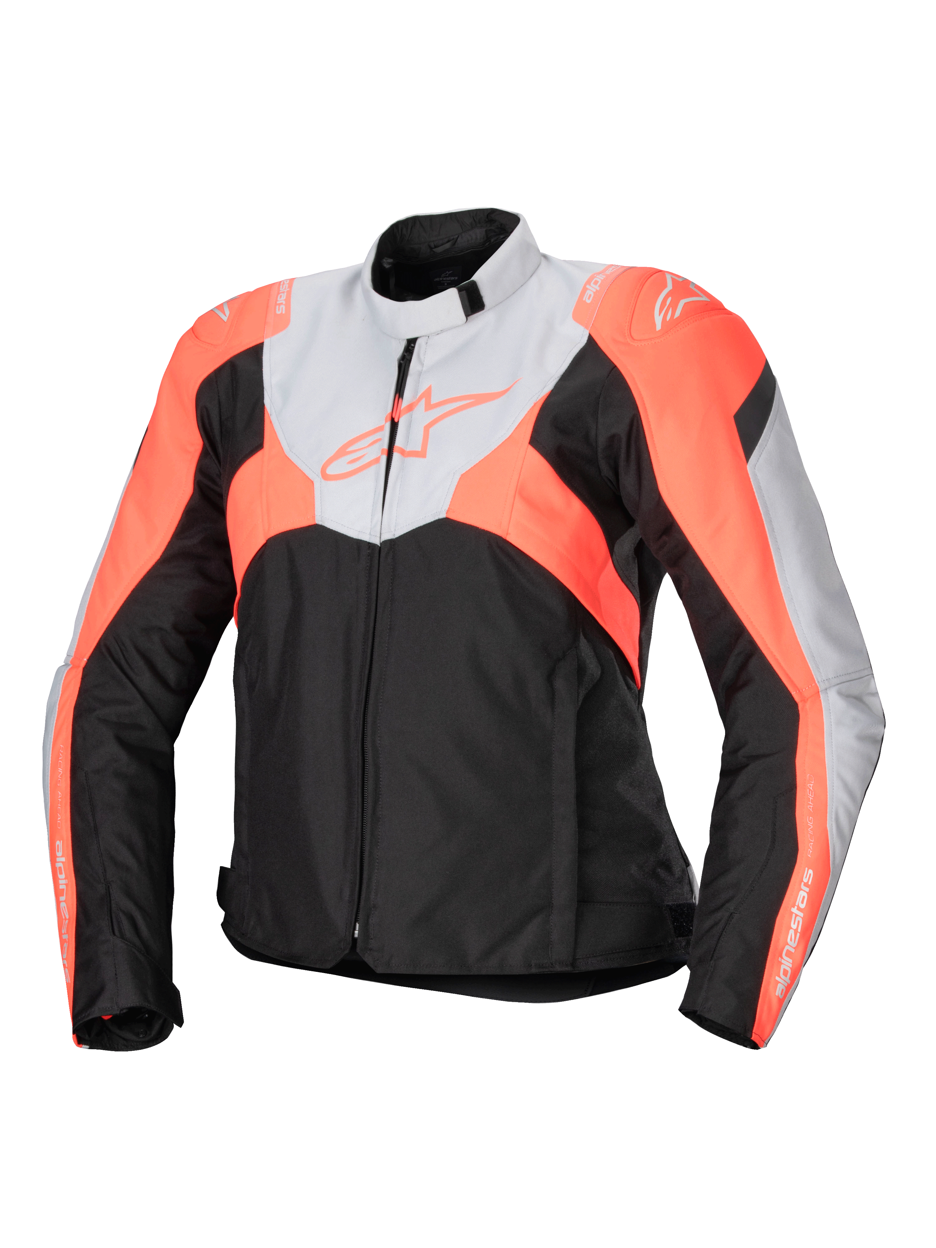 Alpinestars Stella T-Jaws V4 waterdichte motorjas, sportieve textiele damesmotorjas, zwart, ijsgrijs en fluo koraal, met een hoge kraag, ritssluiting aan de voorzijde, hoekige kleurvlakken en branding op de borst en mouwen