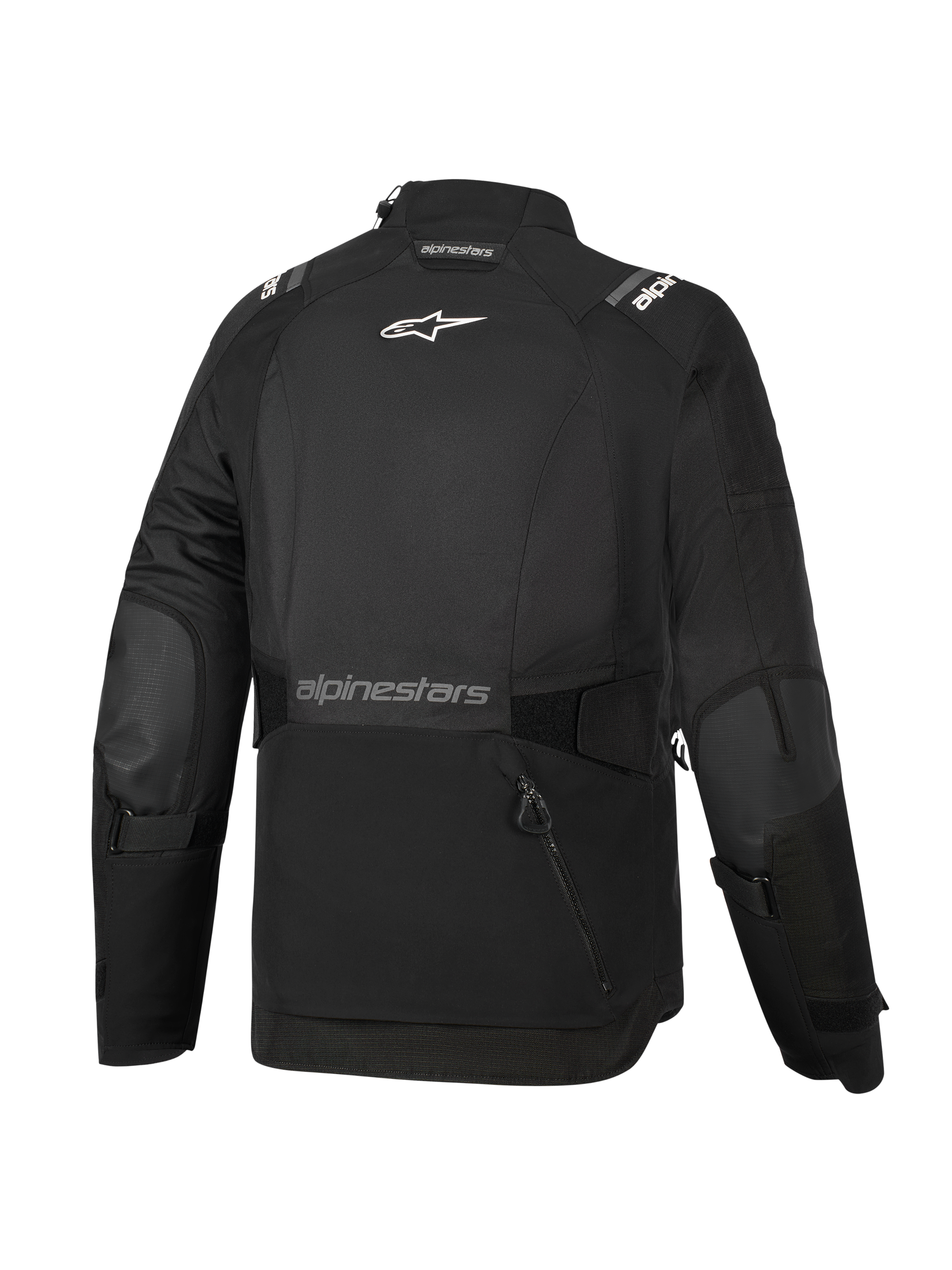 Alpinestars Woman Stella Andes V4 Drystar® Jacket, Black, back view, featuring a large rear storage pocket, white Alpinestars logo on upper back and text branding on lower back, adjustable waist and arm straps, durable textile adventure touring jacket