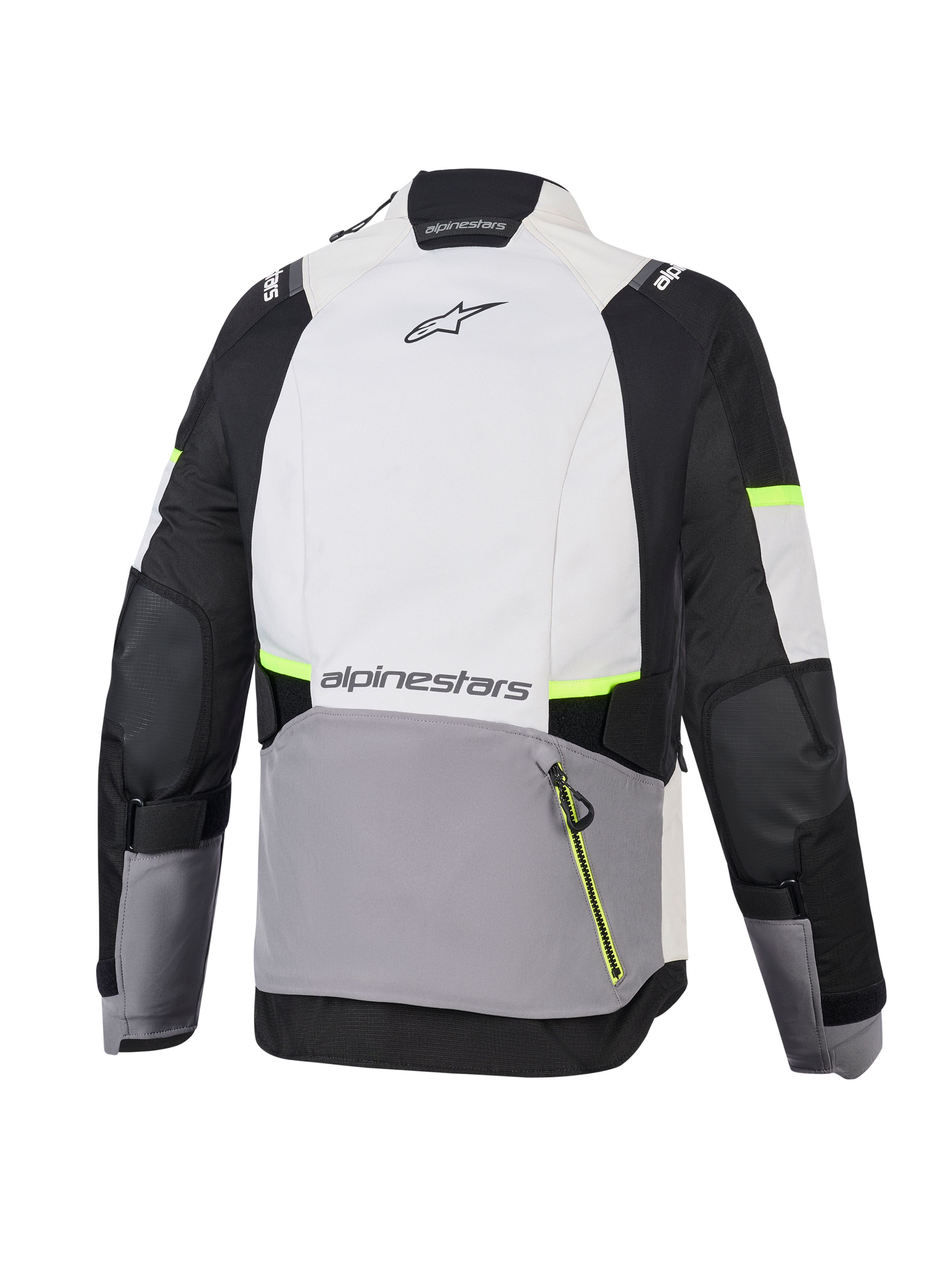 Veste Alpinestars Stella Andes V4 Drystar®, veste de moto d'aventure pour femme, gris glace, gris foncé et noir avec des accents jaune fluo, vue arrière montrant la grande poche arrière et le logo Alpinestars