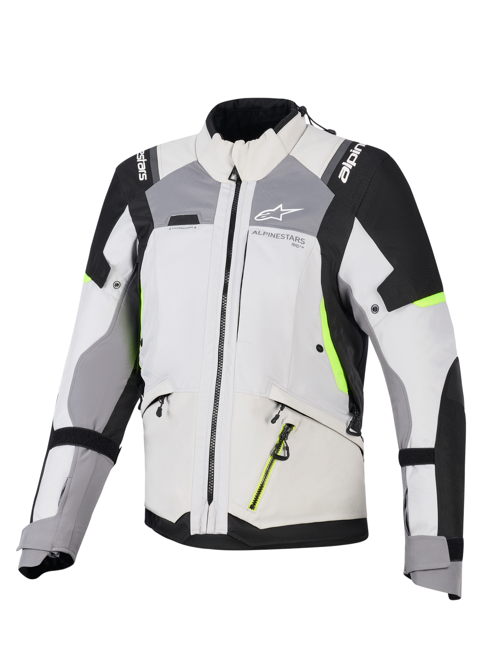 Veste Alpinestars Stella Andes V4 Drystar® pour femme, veste de touring d'aventure, gris glacier et gris foncé avec des accents noir et jaune fluo, construction textile durable avec fermetures éclair imperméables et logo Alpinestars, vue de face