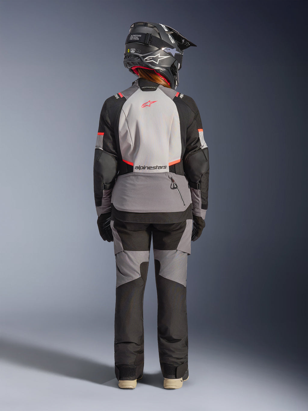 Veste Alpinestars Stella Andes V4 Drystar®, veste touring pour femme, grise et noire, textile imperméable, vue de dos.