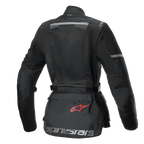 Alpinestars Stella Andes Air Drystar Jacket, women's touring motorcycle jacket, back view, black, featuring extensive mesh panels, ripstop reinforcements, and a lower-back storage pouch with a red logo