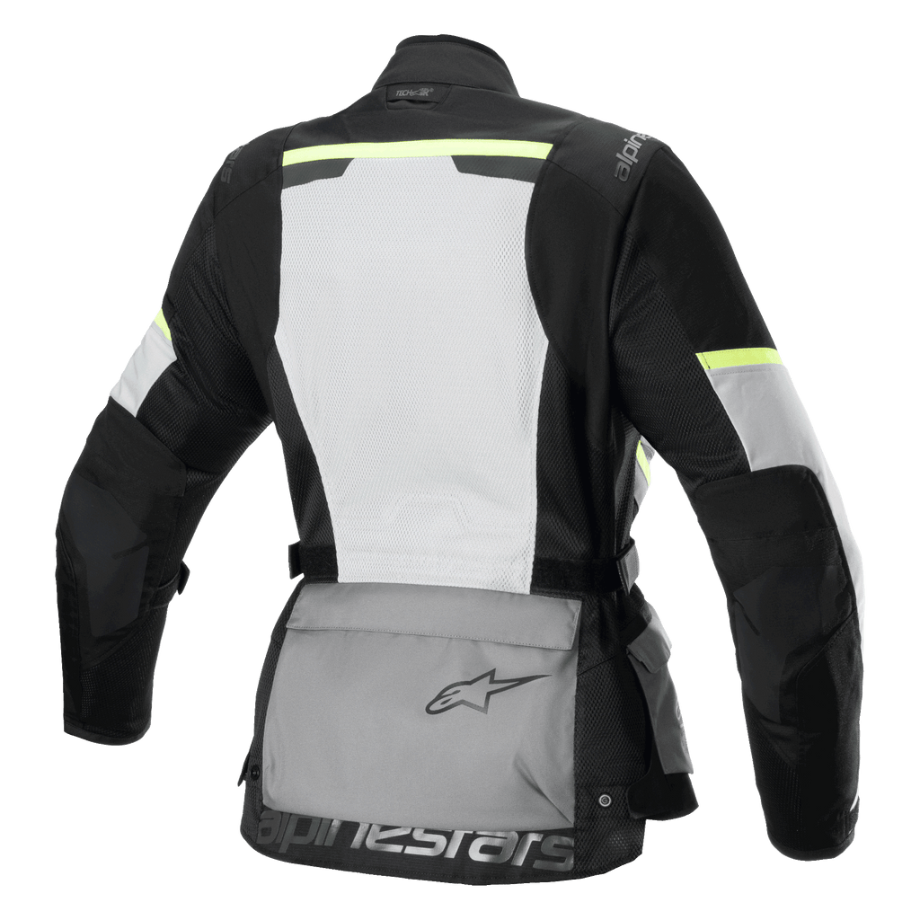 Alpinestars Stella Andes Air Drystar® Jacke, Damen-Motorrad-Tourenjacke, Rückansicht, Eisgrau, Dunkelgrau und Schwarz, mit großem weißen Mesh-Rückenpanel, grauer Aufbewahrungstasche am Rücken mit Logo, gelben Hi-Viz-Akzenten und Textilkonstruktion für Belüftung und Schutz.