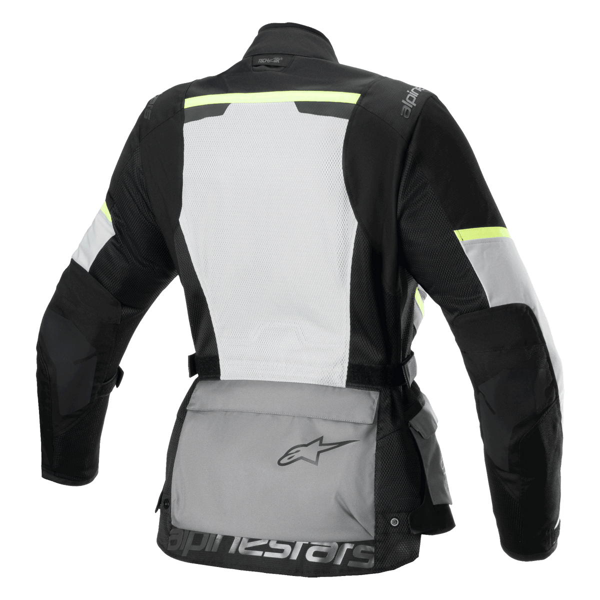Alpinestars Stella Andes Air Drystar® Jacke, Damen-Motorrad-Tourenjacke, Rückansicht, Eisgrau, Dunkelgrau und Schwarz, mit großem weißen Mesh-Rückenpanel, grauer Aufbewahrungstasche am Rücken mit Logo, gelben Hi-Viz-Akzenten und Textilkonstruktion für Belüftung und Schutz.