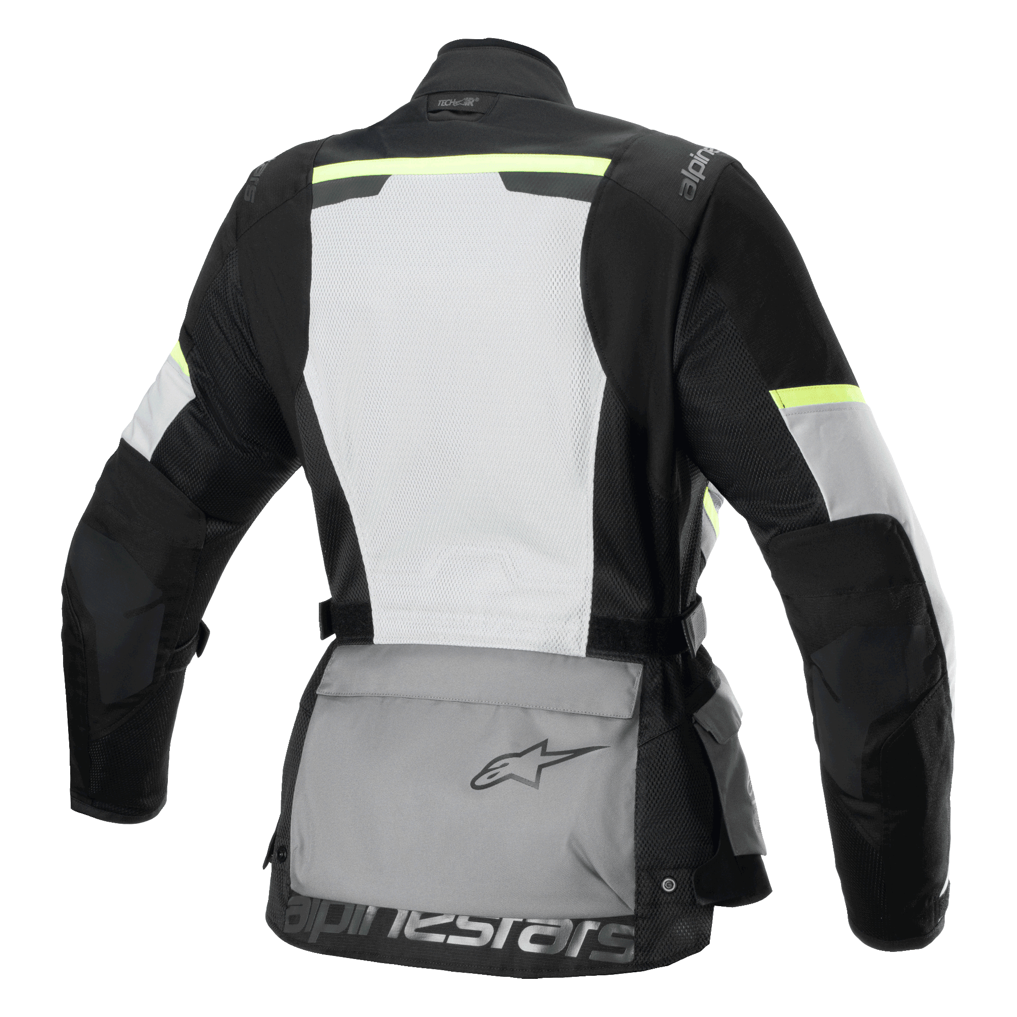 Alpinestars Stella Andes Air Drystar® Jacke, Damen-Motorrad-Tourenjacke, Rückansicht, Eisgrau, Dunkelgrau und Schwarz, mit großem weißen Mesh-Rückenpanel, grauer Aufbewahrungstasche am Rücken mit Logo, gelben Hi-Viz-Akzenten und Textilkonstruktion für Belüftung und Schutz.