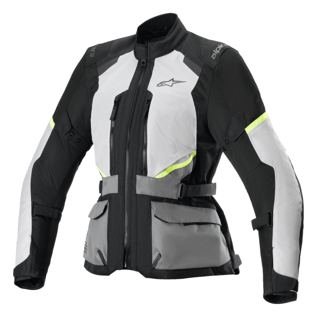 Alpinestars Stella Andes Air Drystar Jacke, Damen-Motorrad-Tourenjacke, Eisgrau und Dunkelgrau mit schwarzen und neongelben Akzenten, umfangreiche Mesh-Belüftungseinsätze, vordere Funktionstaschen, verstellbare Taillenriemen, technisches Touren-Design