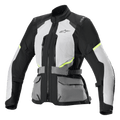 Alpinestars Stella Andes Air Drystar Jacke, Damen-Motorrad-Tourenjacke, Eisgrau und Dunkelgrau mit schwarzen und neongelben Akzenten, umfangreiche Mesh-Belüftungseinsätze, vordere Funktionstaschen, verstellbare Taillenriemen, technisches Touren-Design