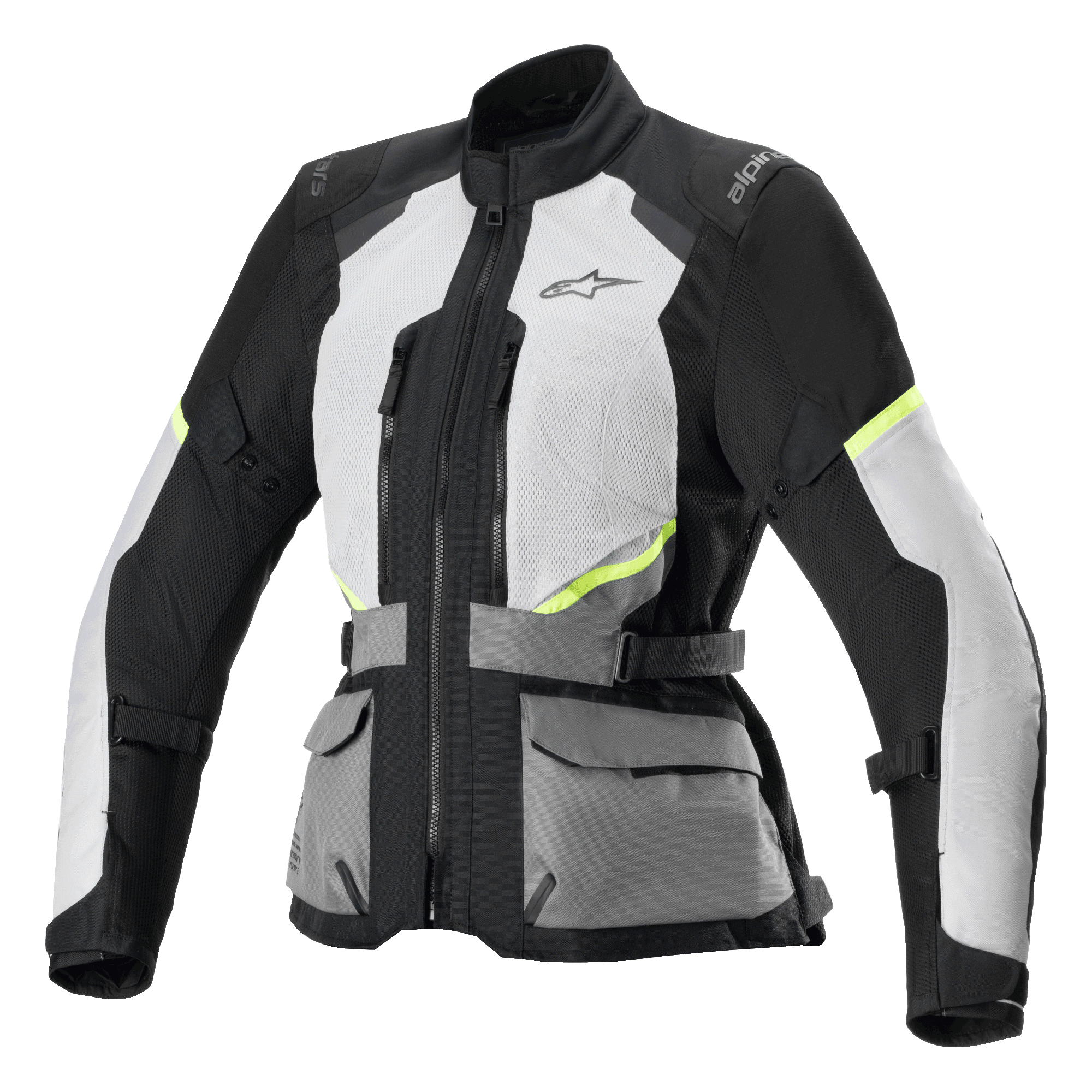 Alpinestars Stella Andes Air Drystar Jacke, Damen-Motorrad-Tourenjacke, Eisgrau und Dunkelgrau mit schwarzen und neongelben Akzenten, umfangreiche Mesh-Belüftungseinsätze, vordere Funktionstaschen, verstellbare Taillenriemen, technisches Touren-Design