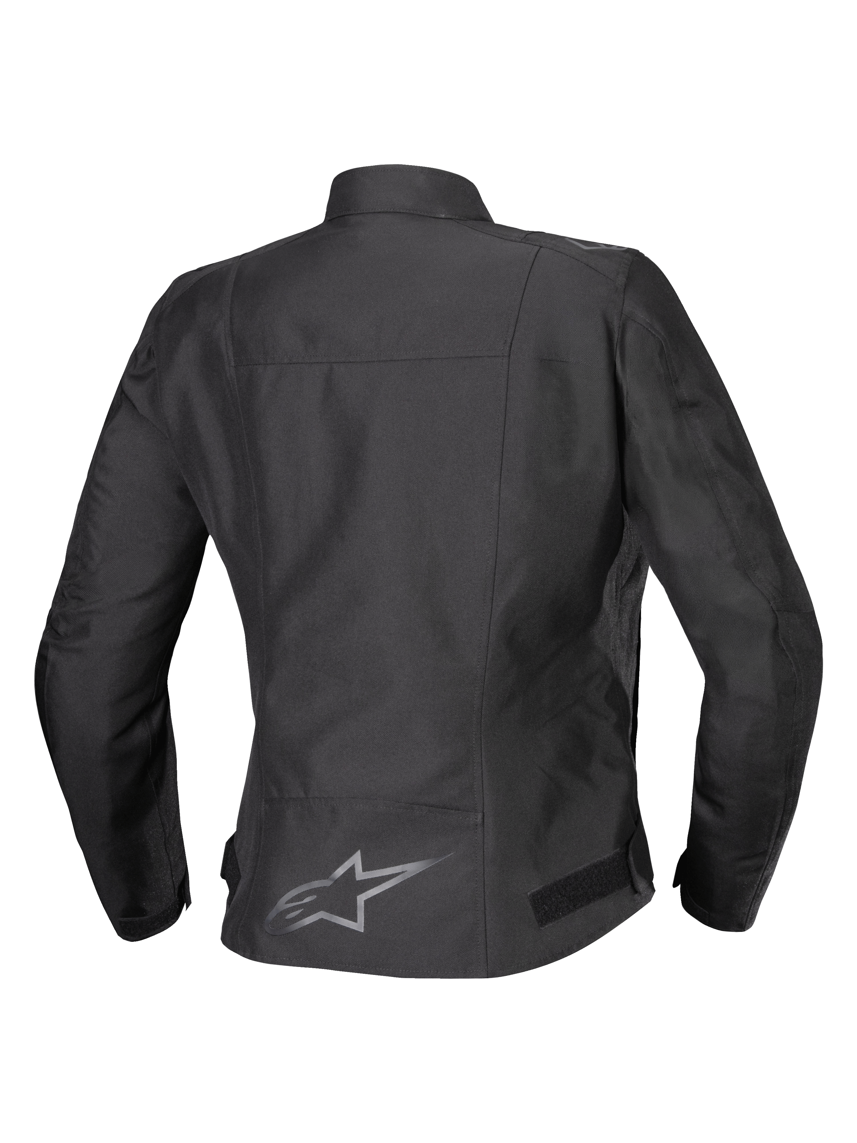 Alpinestars Stella T-SPS V2 Waterproof Jas, achteraanzicht, zwart, textiele motorjas voor dames, voorzien van een reflecterend logo op de onderrug en een sportief gevormd silhouet