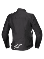 Alpinestars Stella T-SPS V2 Waterproof Jacket, vue arrière, veste de moto en textile pour femme, noire avec accents blancs, logo étoile Alpinestars blanc dans le bas du dos et silhouette sportive d'inspiration course