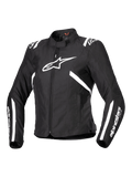 Alpinestars Stella T-SPS V2 Waterproof Jacket, veste de moto pour femme, noire et blanche, avec un grand logo d'étoile blanche sur la poitrine, des bandes blanches sur les épaules et les manches, silhouette profilée d'inspiration course, col montant et textile durable