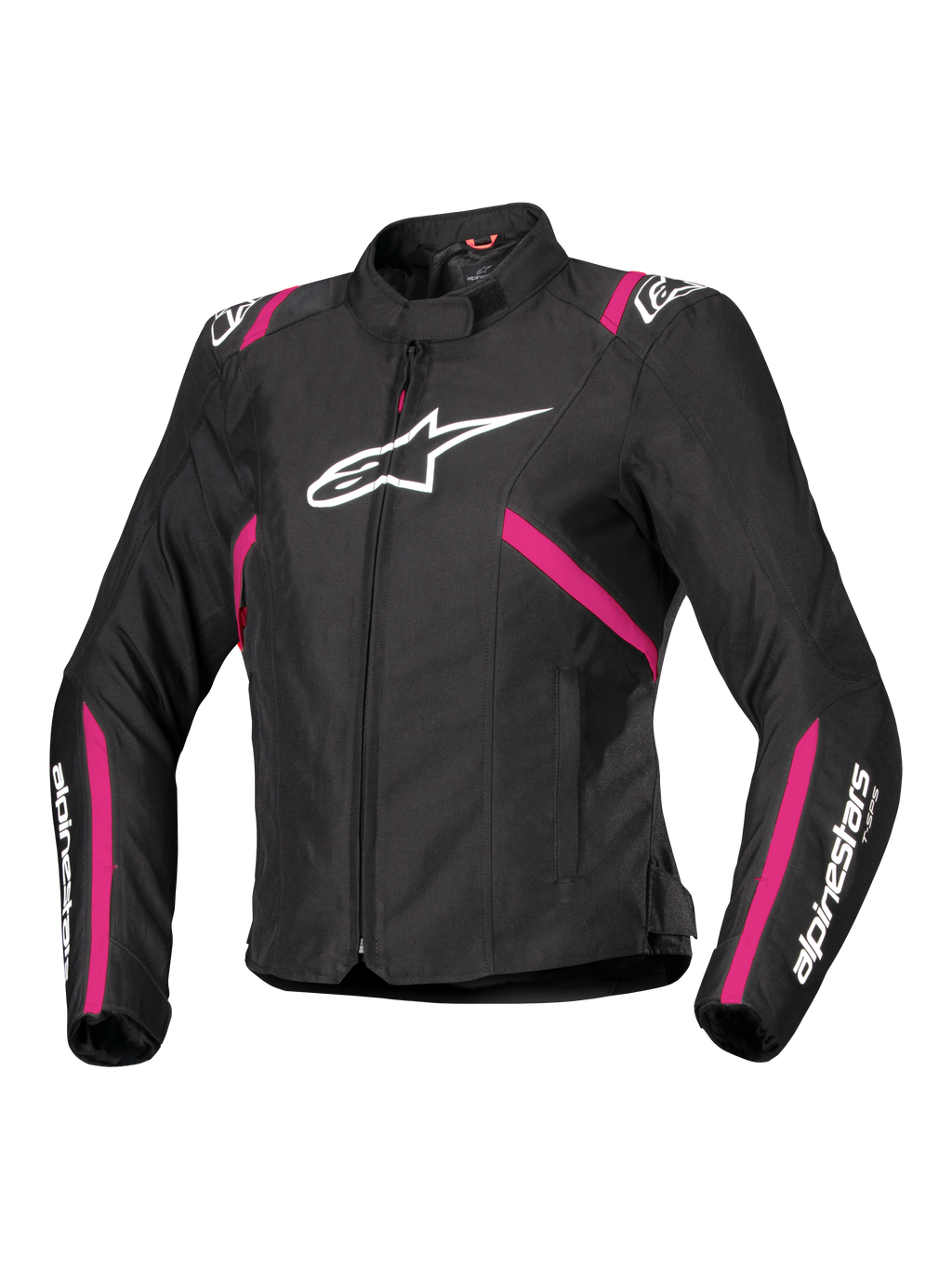 Alpinestars Stella T-SPS V2 Waterproof Jacket, veste de moto en textile pour femme, noire avec accents rose diva et blancs, grand logo Alpinestars blanc sur la poitrine, bandes roses sur le buste et les manches, marquage blanc sur les avant-bras, coupe sportive ajustée pour rouler par tous les temps