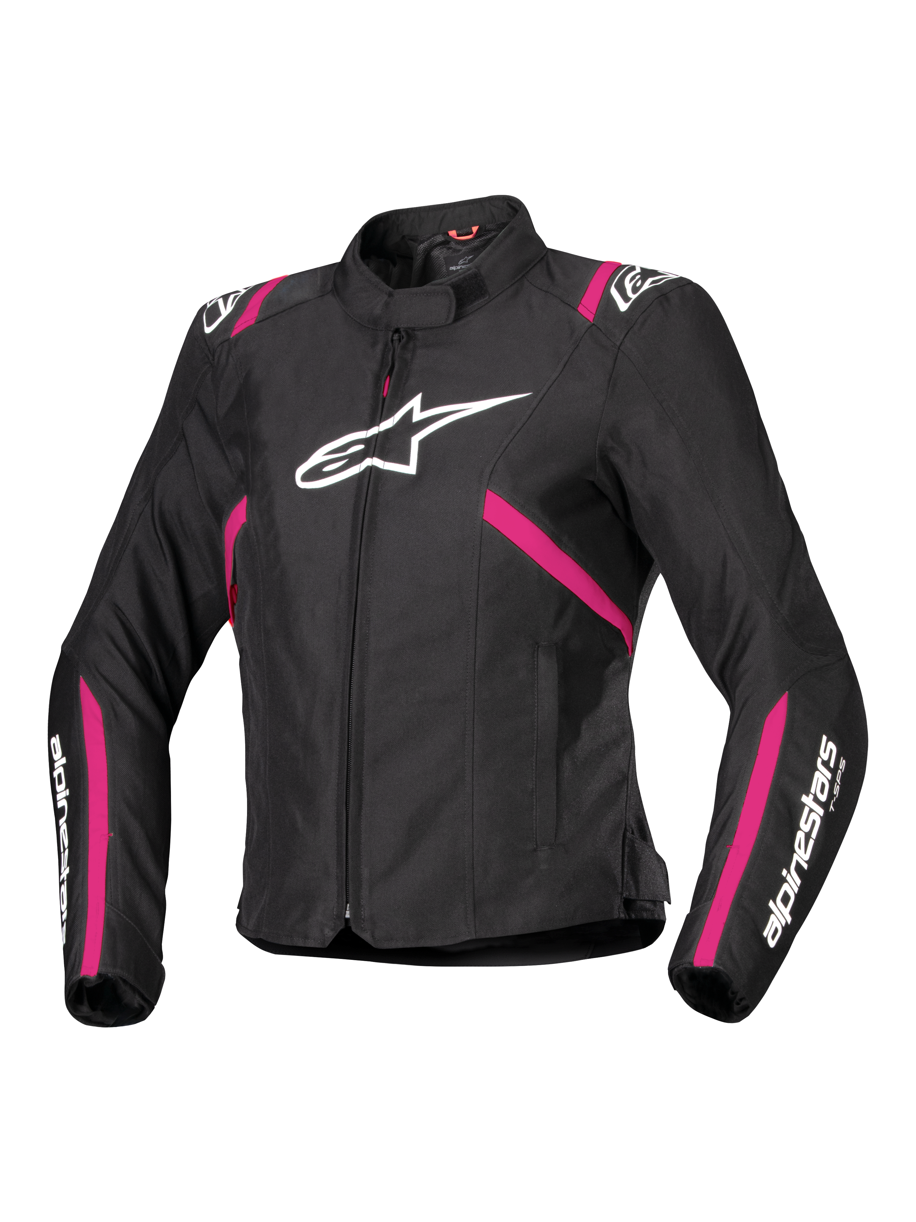 Alpinestars Stella T-SPS V2 Waterproof Jacket, veste de moto en textile pour femme, noire avec accents rose diva et blancs, grand logo Alpinestars blanc sur la poitrine, bandes roses sur le buste et les manches, marquage blanc sur les avant-bras, coupe sportive ajustée pour rouler par tous les temps