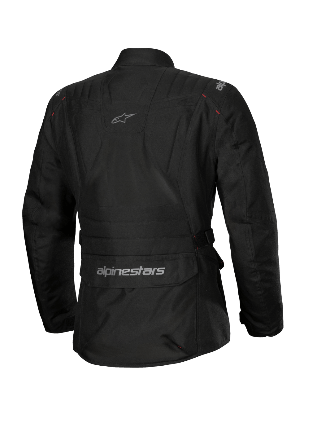 Veste imperméable Alpinestars Stella ST-1, veste de moto pour femme, noire, vue arrière présentant une grande poche cargo au bas du dos avec logo, design adventure touring avec marquage discret en haut du dos, construction textile imperméable durable