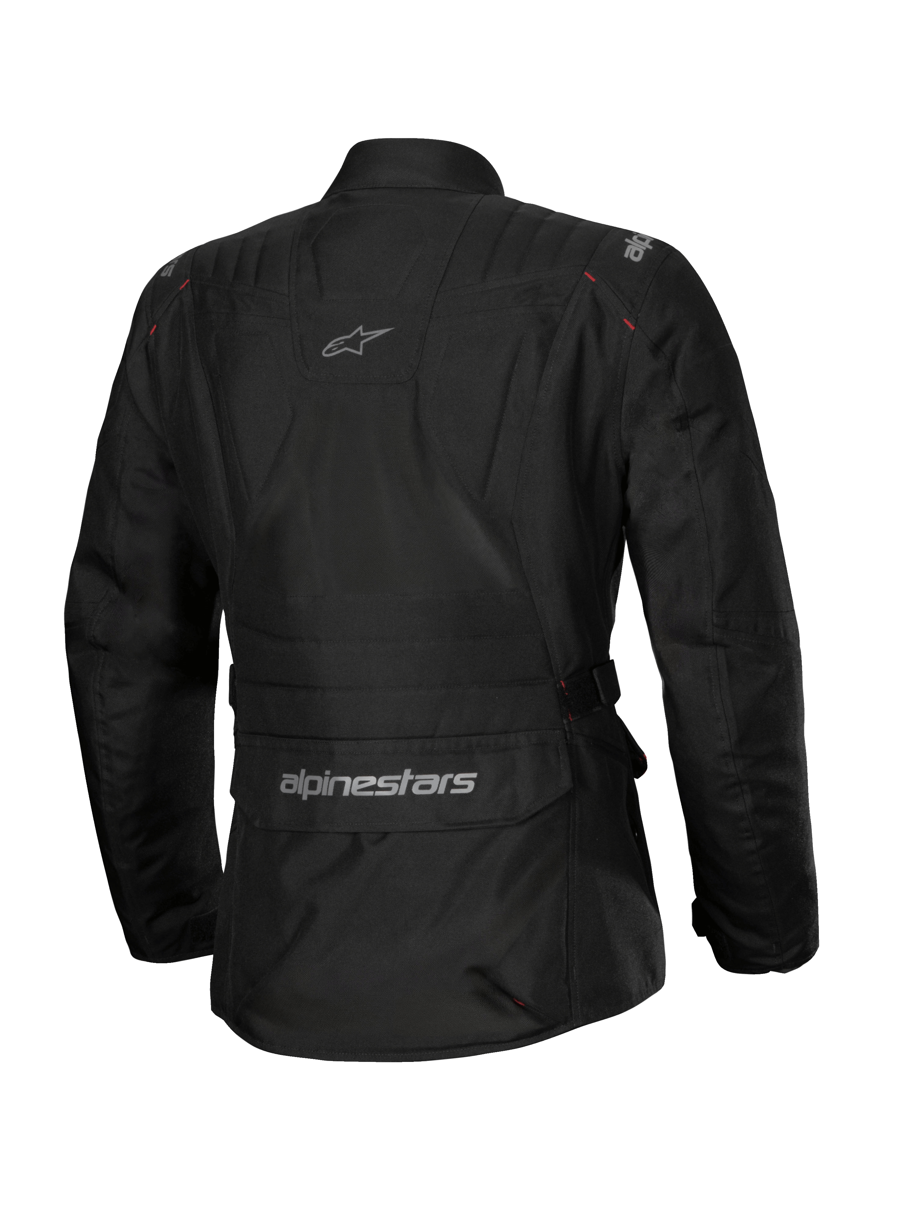 Veste imperméable Alpinestars Stella ST-1, veste de moto pour femme, noire, vue arrière présentant une grande poche cargo au bas du dos avec logo, design adventure touring avec marquage discret en haut du dos, construction textile imperméable durable