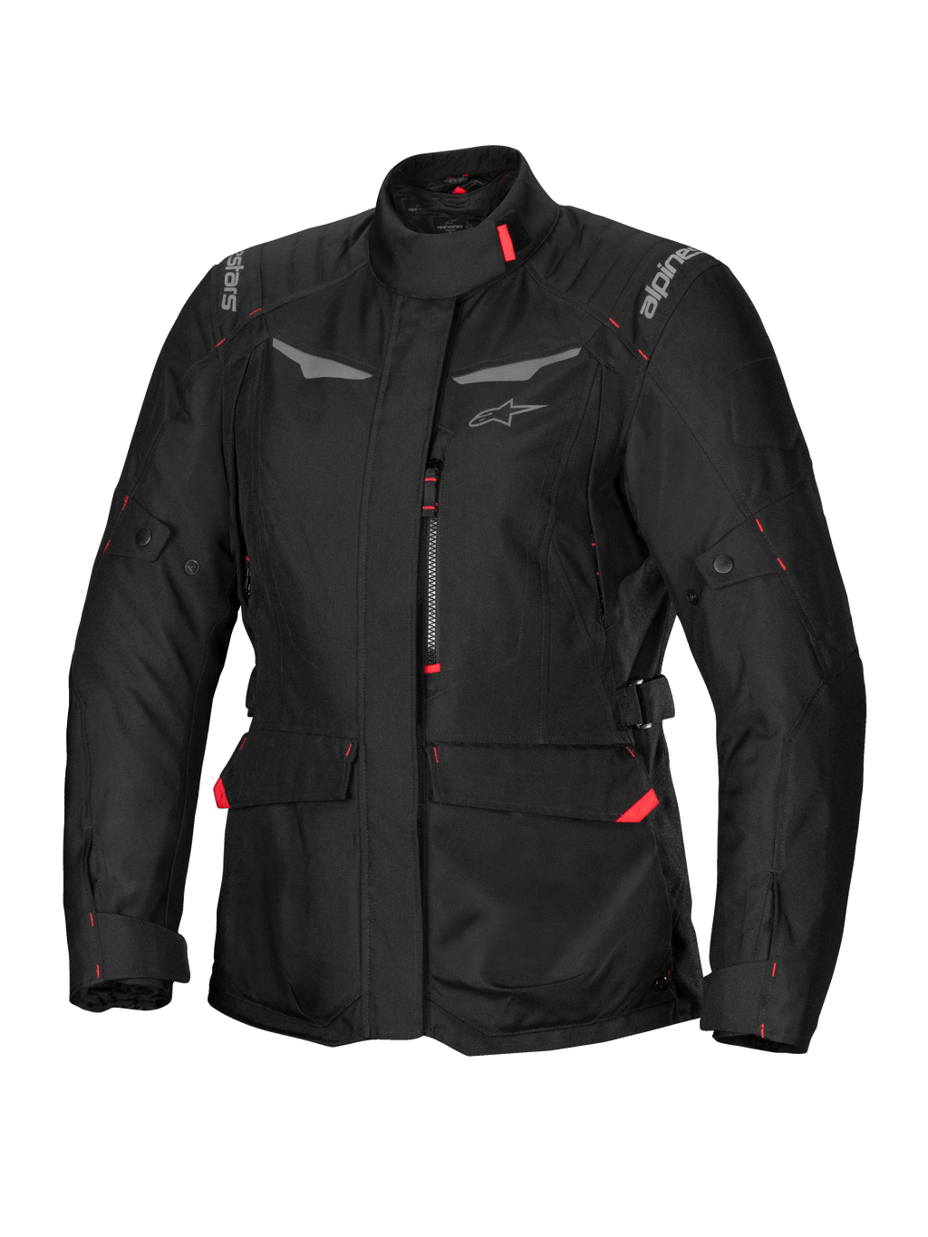 Alpinestars Stella ST-1 Waterproof Jacket, veste de moto touring pour femme, noire avec accents rouges, col montant, fermeture éclair frontale, grandes poches cargo à la taille, sangles réglables à la taille et aux poignets, construction résistante aux intempéries