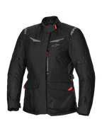 Alpinestars Stella ST-1 Waterproof Jacket, veste de moto touring pour femme, noire avec accents rouges, col montant, fermeture éclair frontale, grandes poches cargo à la taille, sangles réglables à la taille et aux poignets, construction résistante aux intempéries