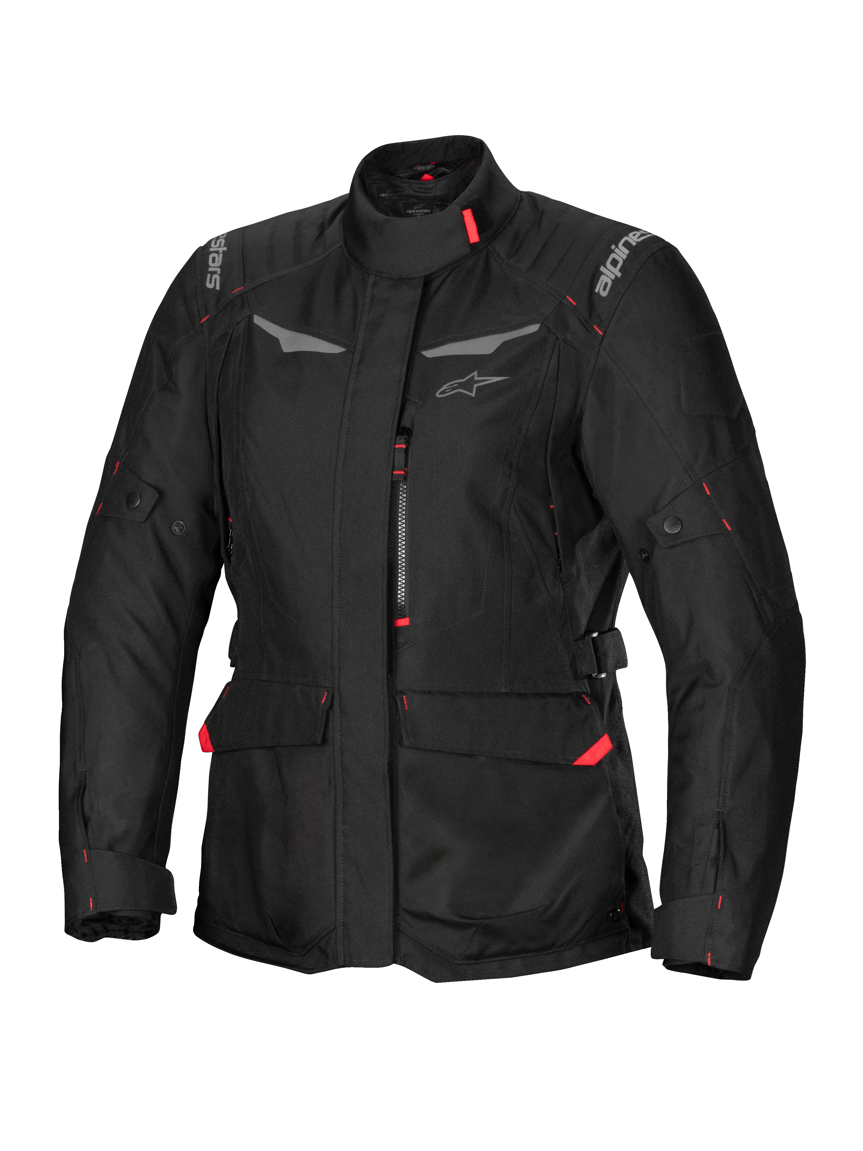 Alpinestars Stella ST-1 Waterproof Jacket, veste de moto touring pour femme, noire avec accents rouges, col montant, fermeture éclair frontale, grandes poches cargo à la taille, sangles réglables à la taille et aux poignets, construction résistante aux intempéries