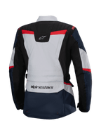 Alpinestars Stella ST-1 Wasserdichte Jacke, Rückansicht, Dunkelblau und Schwarz mit hellgrauen und leuchtend roten Akzenten, Abenteuer-Tourenjacke für Damen mit Alpinestars-Branding und ergonomischer Konstruktion.