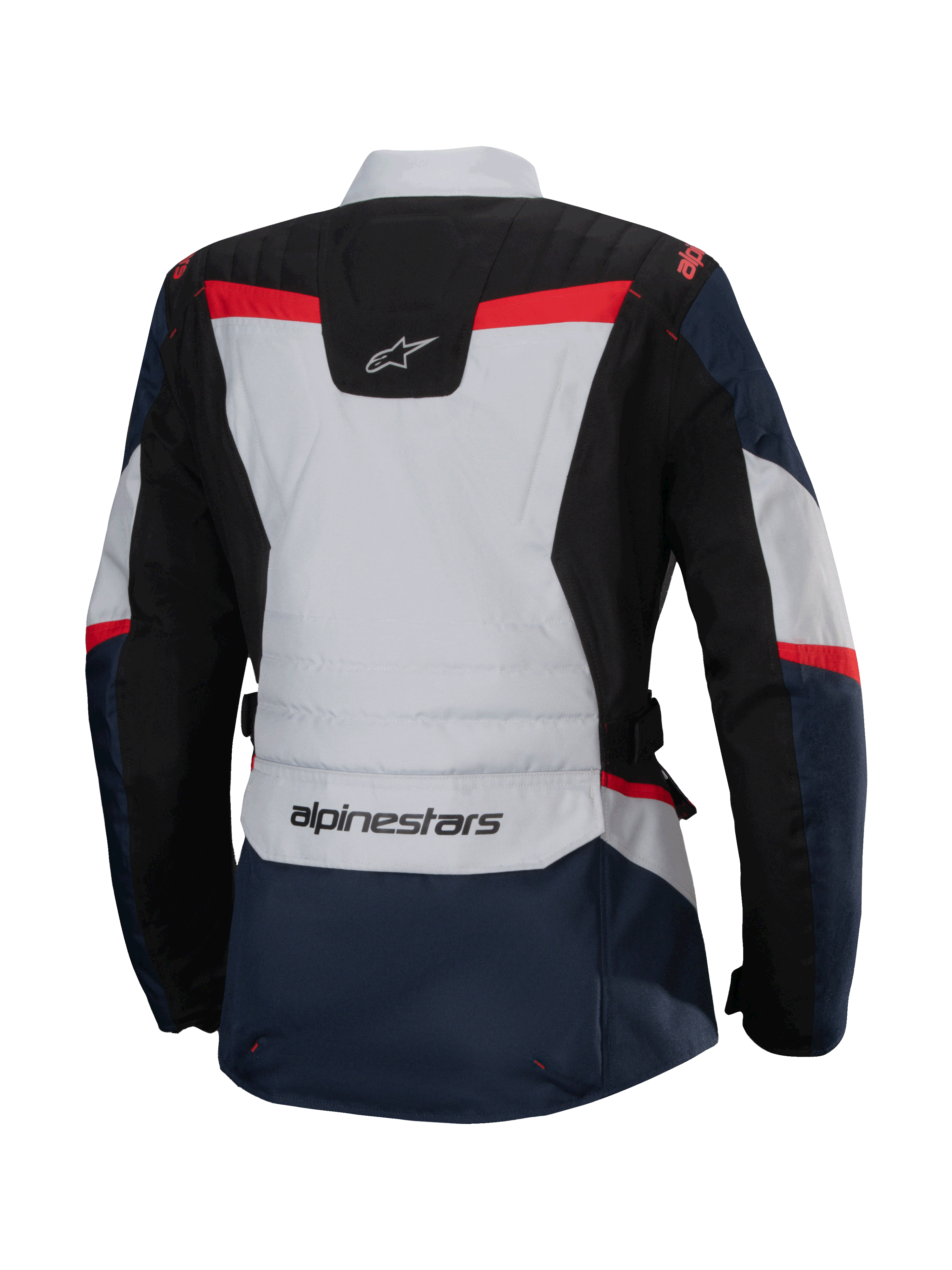Alpinestars Stella ST-1 Wasserdichte Jacke, Rückansicht, Dunkelblau und Schwarz mit hellgrauen und leuchtend roten Akzenten, Abenteuer-Tourenjacke für Damen mit Alpinestars-Branding und ergonomischer Konstruktion.