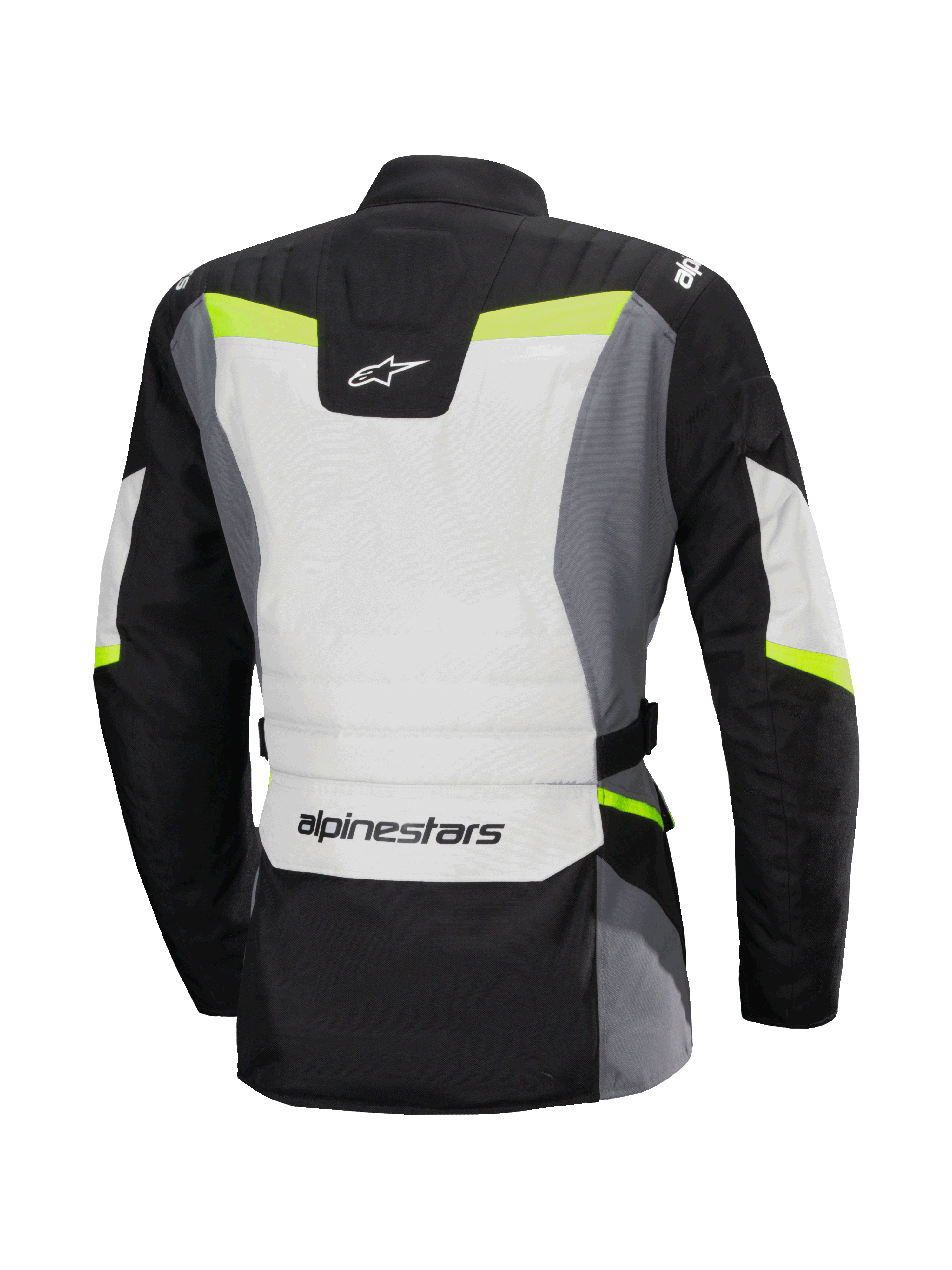 Alpinestars Stella ST-1 Waterproof Jas, achteraanzicht, adventure touring motorjas voor dames, Ice Gray, zwart en geel fluo, voorzien van Alpinestars logo op de onderrug en nek, beschermende textielconstructie met fluorescerende accenten.