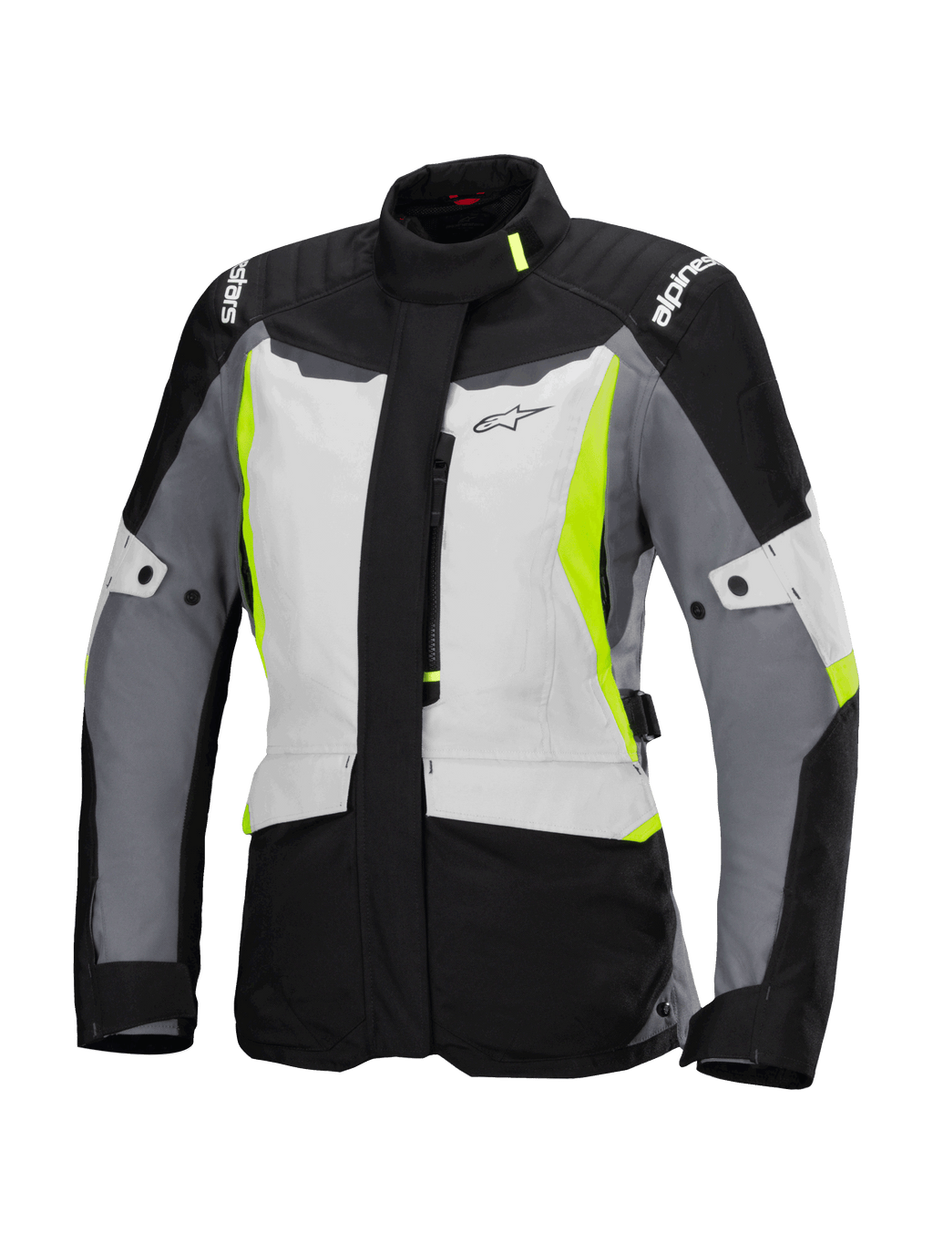 Alpinestars Stella ST-1 Waterproof Jacket, waterdichte motorjas voor dames, ijsgrijs, zwart en fluorgeel, met een hoge kraag, ritssluiting aan de voorzijde, verstevigde schouders met branding en verstelbare tailleriemen, op adventure touring geïnspireerd ontwerp