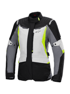 Alpinestars Stella ST-1 Waterproof Jacket, waterdichte motorjas voor dames, ijsgrijs, zwart en fluorgeel, met een hoge kraag, ritssluiting aan de voorzijde, verstevigde schouders met branding en verstelbare tailleriemen, op adventure touring geïnspireerd ontwerp