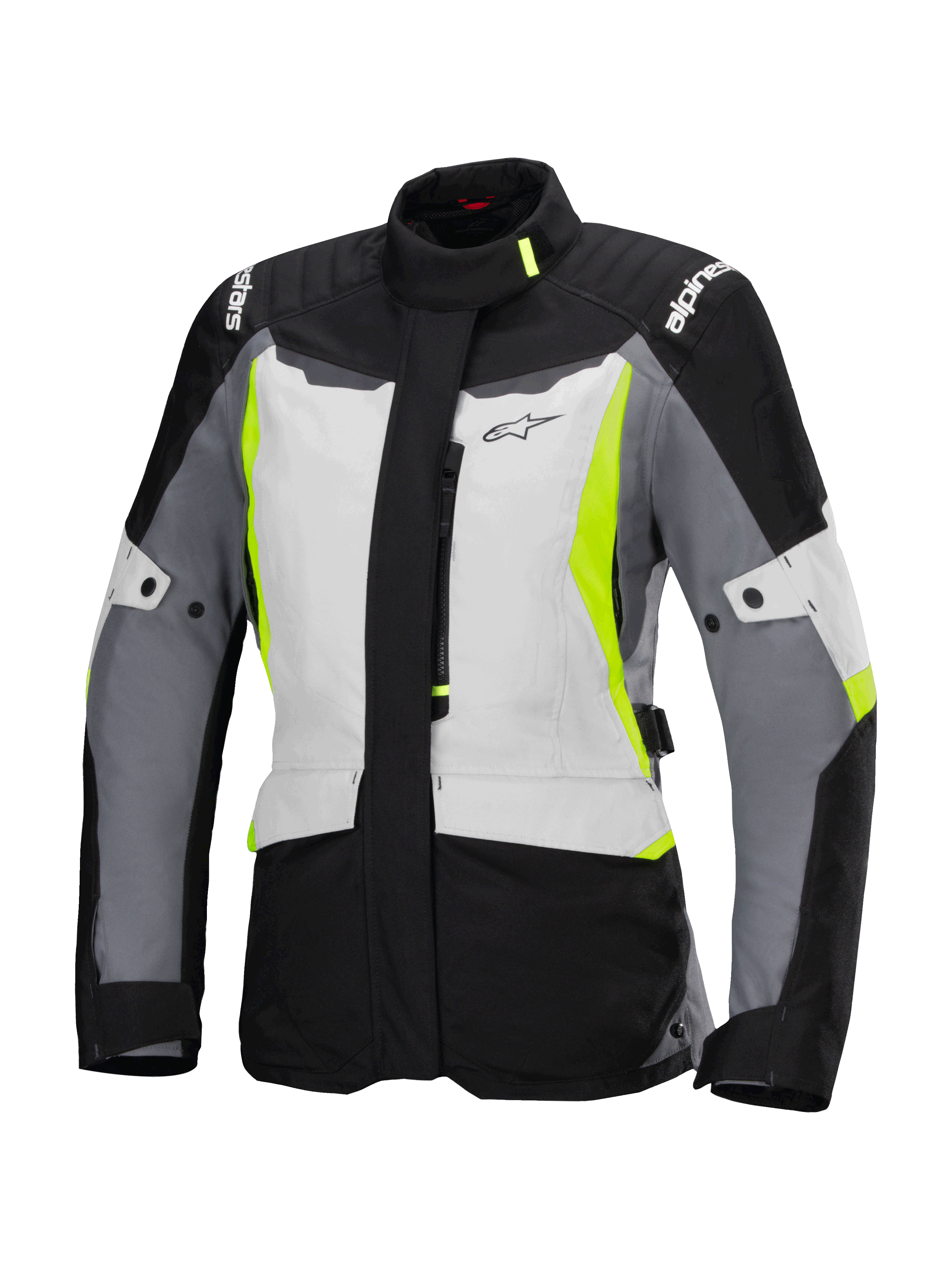 Alpinestars Stella ST-1 Waterproof Jacket, waterdichte motorjas voor dames, ijsgrijs, zwart en fluorgeel, met een hoge kraag, ritssluiting aan de voorzijde, verstevigde schouders met branding en verstelbare tailleriemen, op adventure touring geïnspireerd ontwerp