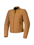 Veste Alpinestars Isla WR pour femme, Marron Utility Gold, veste de moto beige pour femme, coupe ajustée, col motard montant, détails matelassés aux épaules, fermeture éclair frontale avec poches latérales, équipement technique de conduite urbaine