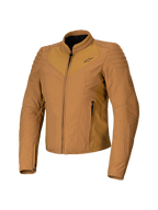 Veste Alpinestars Isla WR pour femme, Marron Utility Gold, veste de moto beige pour femme, coupe ajustée, col motard montant, détails matelassés aux épaules, fermeture éclair frontale avec poches latérales, équipement technique de conduite urbaine