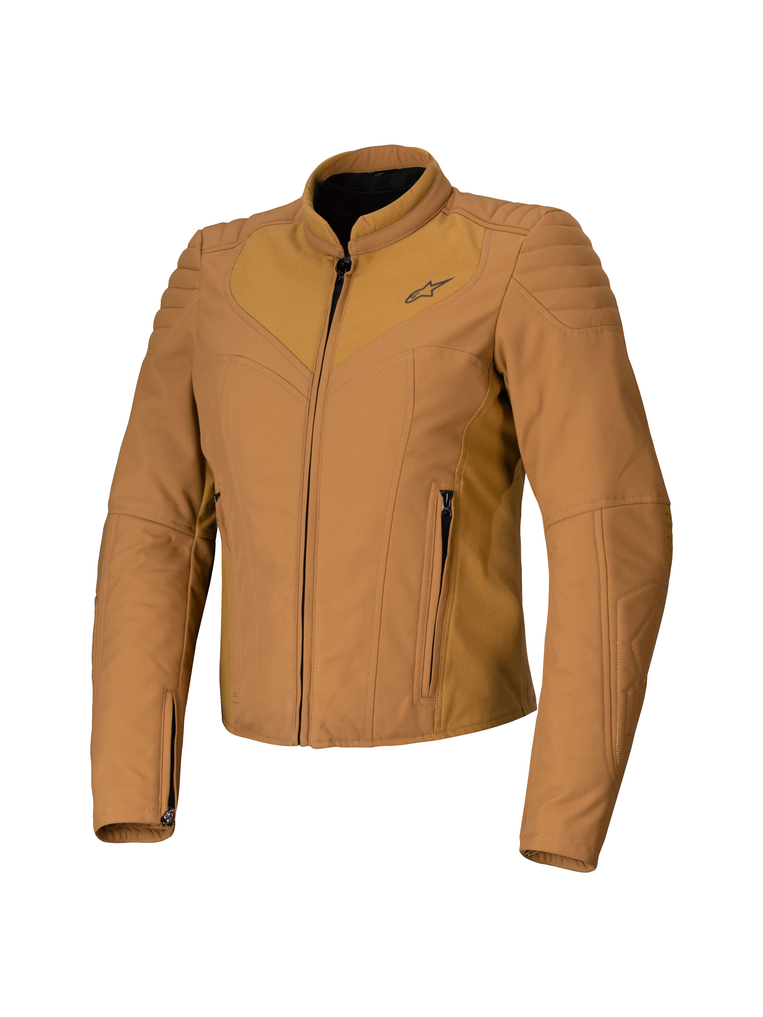 Veste Alpinestars Isla WR pour femme, Marron Utility Gold, veste de moto beige pour femme, coupe ajustée, col motard montant, détails matelassés aux épaules, fermeture éclair frontale avec poches latérales, équipement technique de conduite urbaine