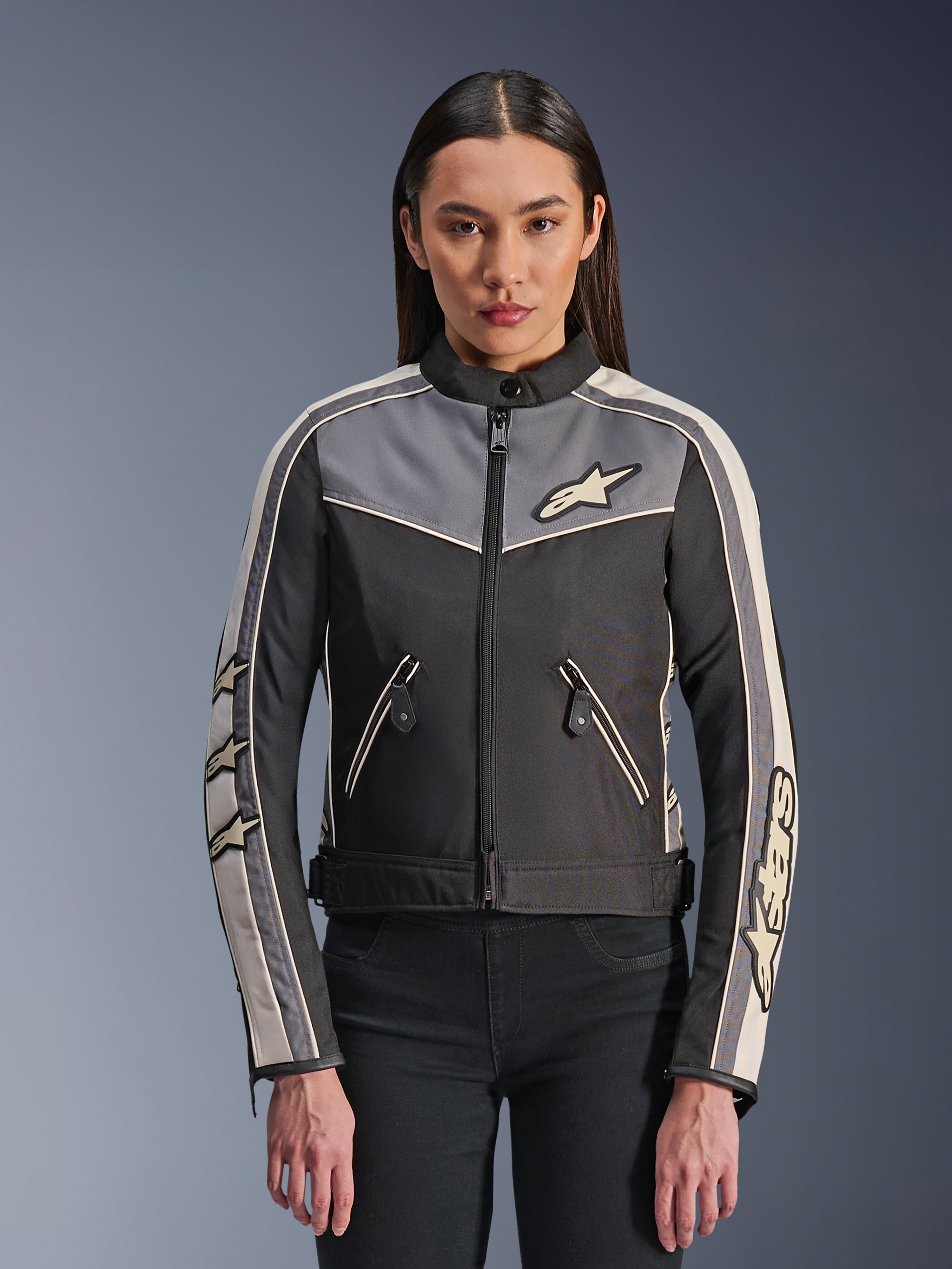 Alpinestars Stella T-Dyno WR Jacket, Women's Textile Motorcycle Jacket, Black with Dark Gray and Ecru accents, vintage-inspired biker fit, zippered front and pockets, featuring Alpinestars branding and star logos on sleeves, protective road gear