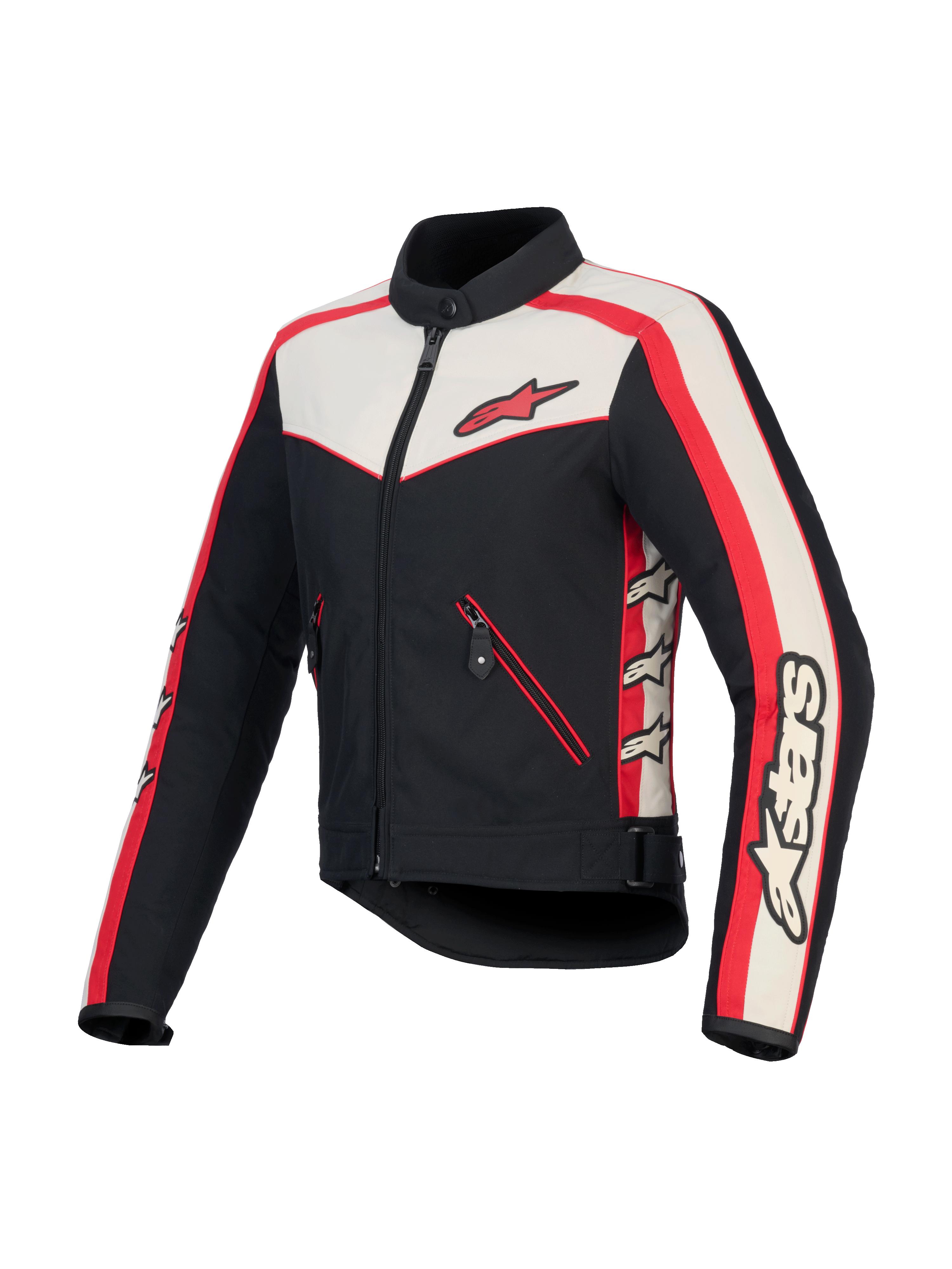 Alpinestars Stella T-Dyno Wasserabweisende Jacke, Damen-Motorradjacke aus Textil, Schwarz, Ecru und Leuchtend Rot, CE-zertifiziert im vintage-inspirierten Biker-Stil mit Reißverschlusstaschen