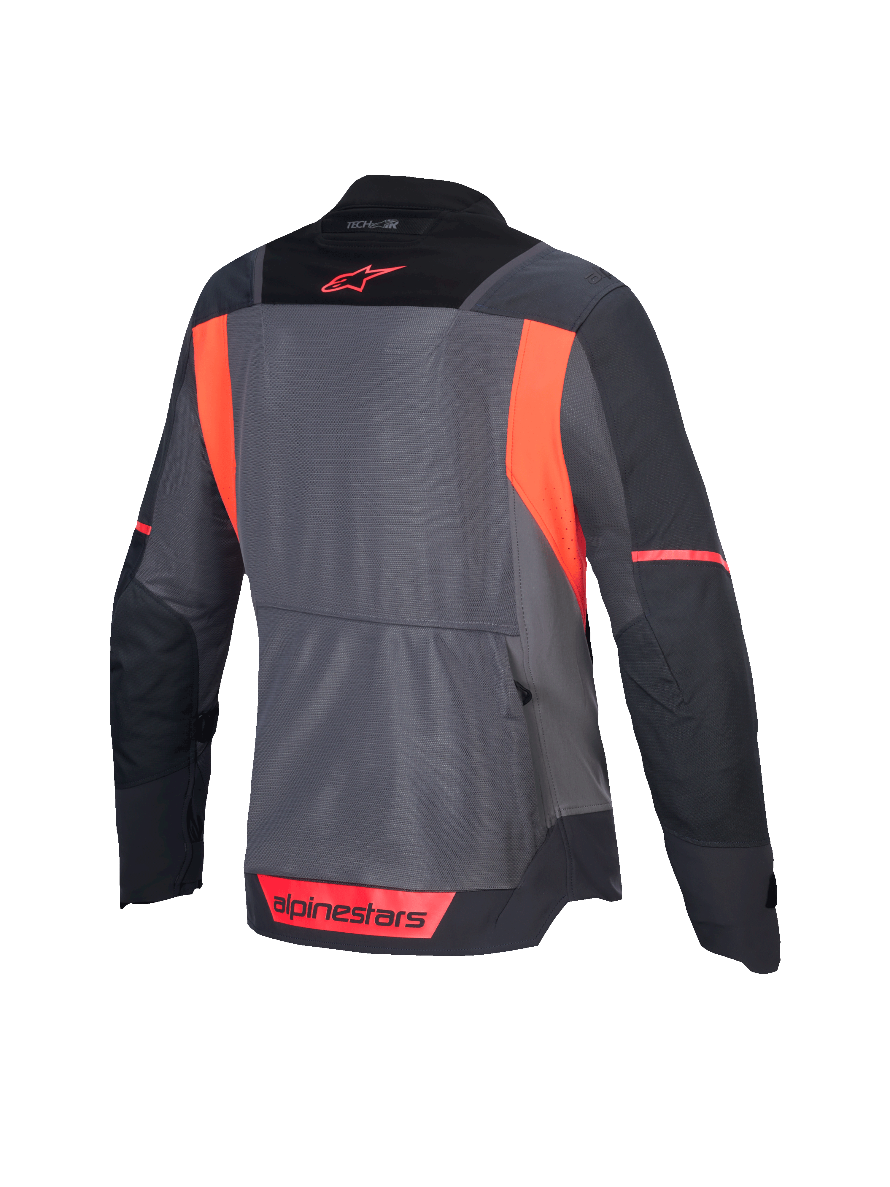 Alpinestars Veste Stella ST-2 Air, veste de moto touring pour femme, vue de dos montrant les coloris gris foncé et corail fluo avec panneaux de ventilation en mesh et certification CE niveau AA