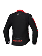 Veste Alpinestars Honda Stella T-Jaws V4 WP, vue arrière, noire avec accents rouge vif et blancs, logo Honda rouge sur le bas du dos et logo Alpinestars blanc sur la nuque, veste textile imperméable de coupe sport pour femme