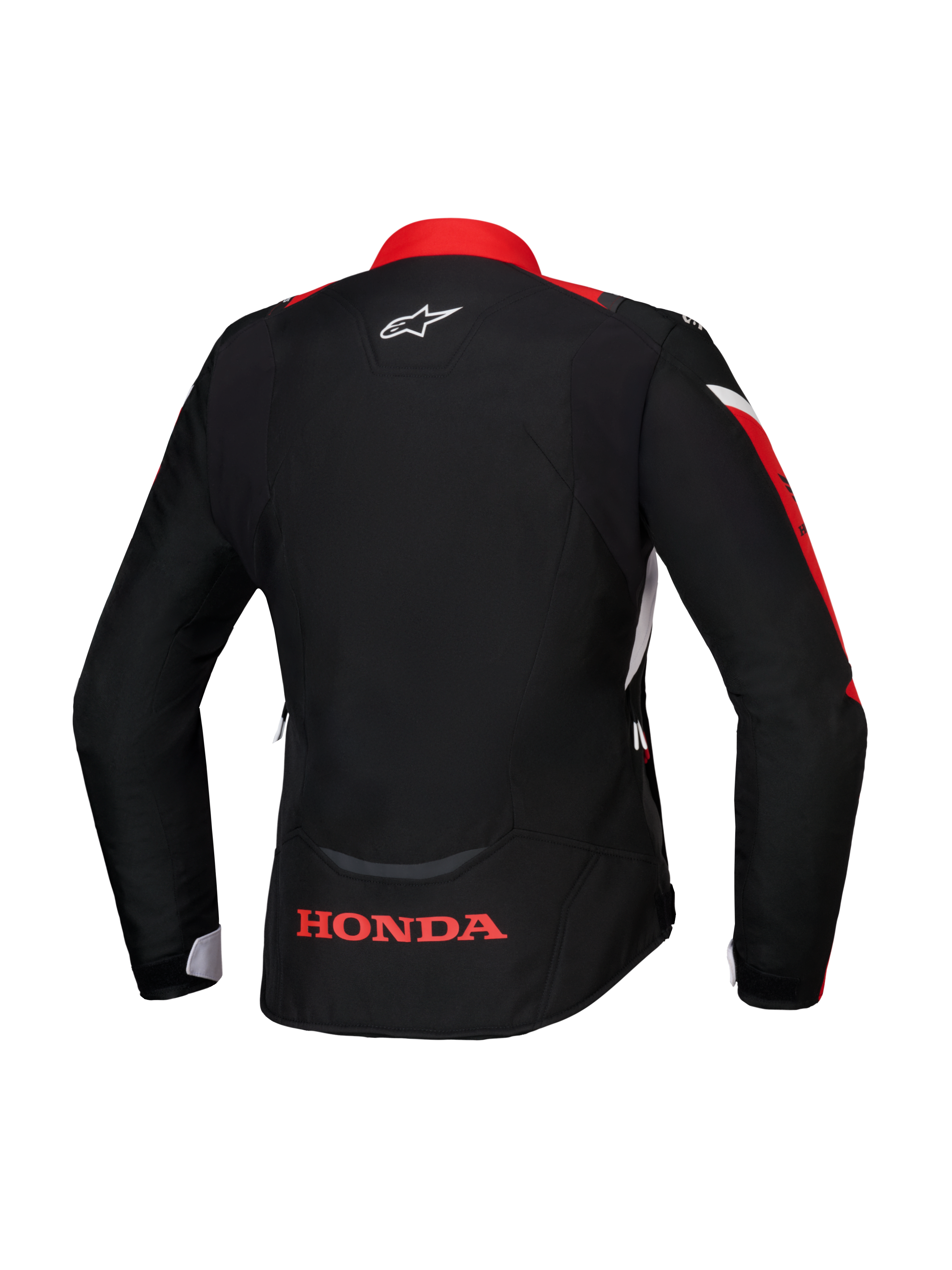 Veste Alpinestars Honda Stella T-Jaws V4 WP, vue arrière, noire avec accents rouge vif et blancs, logo Honda rouge sur le bas du dos et logo Alpinestars blanc sur la nuque, veste textile imperméable de coupe sport pour femme