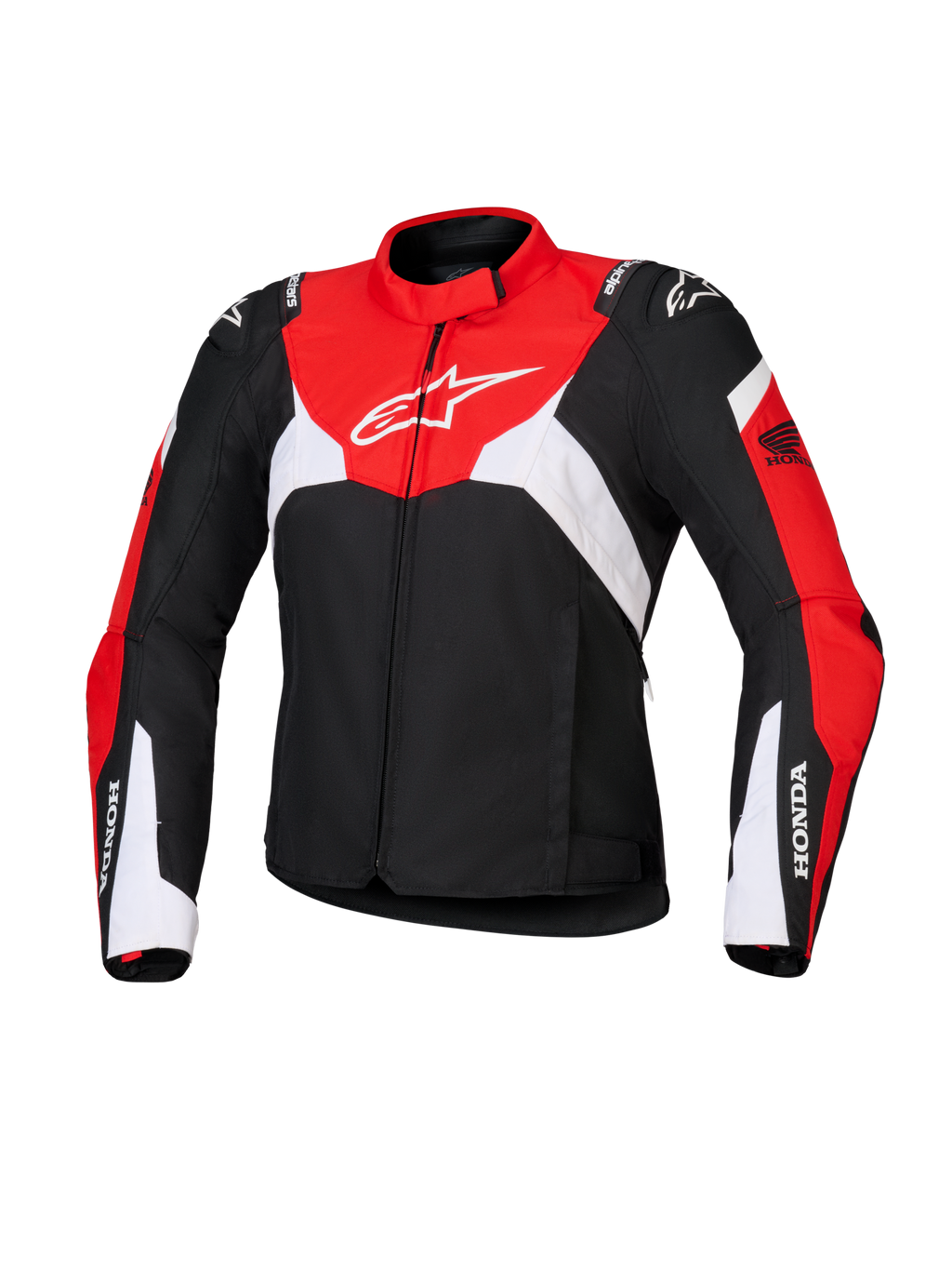 Veste Alpinestars Honda Stella T-Jaws V4 WP pour femme, veste de moto de sport imperméable, noire avec empiècements rouge vif et blancs, avec logos Honda sur les manches et logo Alpinestars blanc sur la poitrine, textile technique et silhouette sportive