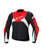 Veste Alpinestars Honda Stella T-Jaws V4 WP pour femme, veste de moto de sport imperméable, noire avec empiècements rouge vif et blancs, avec logos Honda sur les manches et logo Alpinestars blanc sur la poitrine, textile technique et silhouette sportive