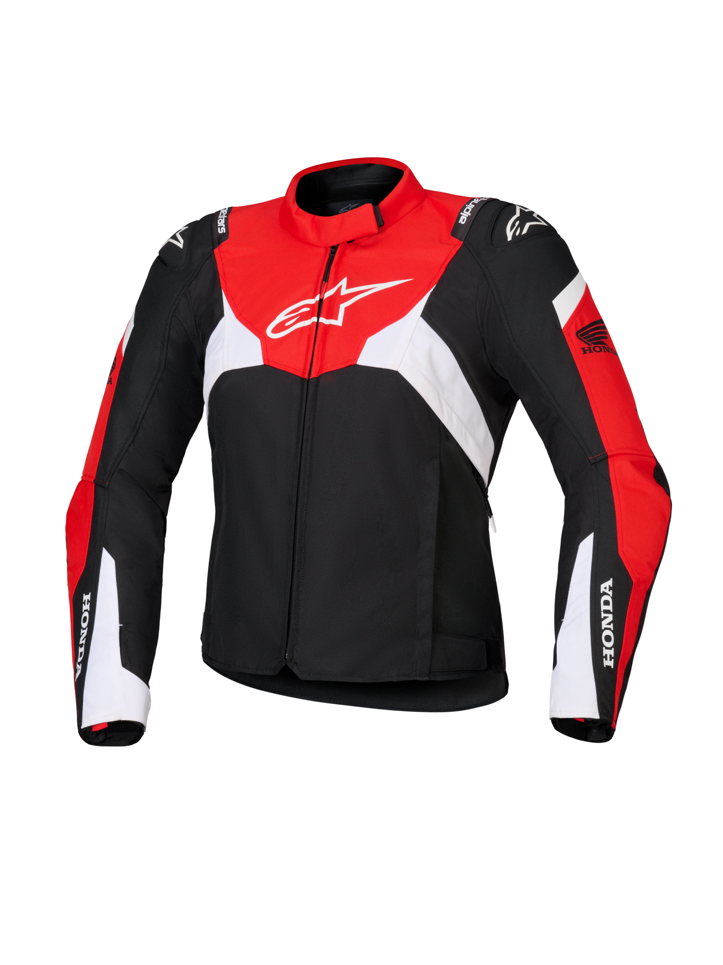 Veste Alpinestars Honda Stella T-Jaws V4 WP pour femme, veste de moto de sport imperméable, noire avec empiècements rouge vif et blancs, avec logos Honda sur les manches et logo Alpinestars blanc sur la poitrine, textile technique et silhouette sportive