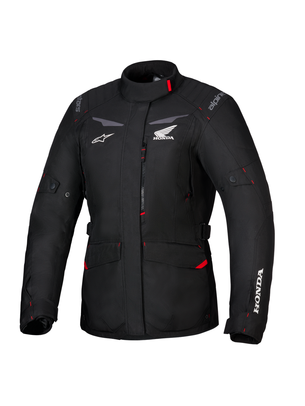 Alpinestars Honda Stella ST-1 WP motorjas, waterdichte tourjas voor dames, zwart met rode accenten en witte Honda-logo's, hoge kraag, ritssluiting aan de voorzijde, uitbreidbare cargozakken, duurzame textiele adventure-uitrusting