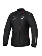 Alpinestars Honda Stella ST-1 WP motorjas, waterdichte tourjas voor dames, zwart met rode accenten en witte Honda-logo's, hoge kraag, ritssluiting aan de voorzijde, uitbreidbare cargozakken, duurzame textiele adventure-uitrusting
