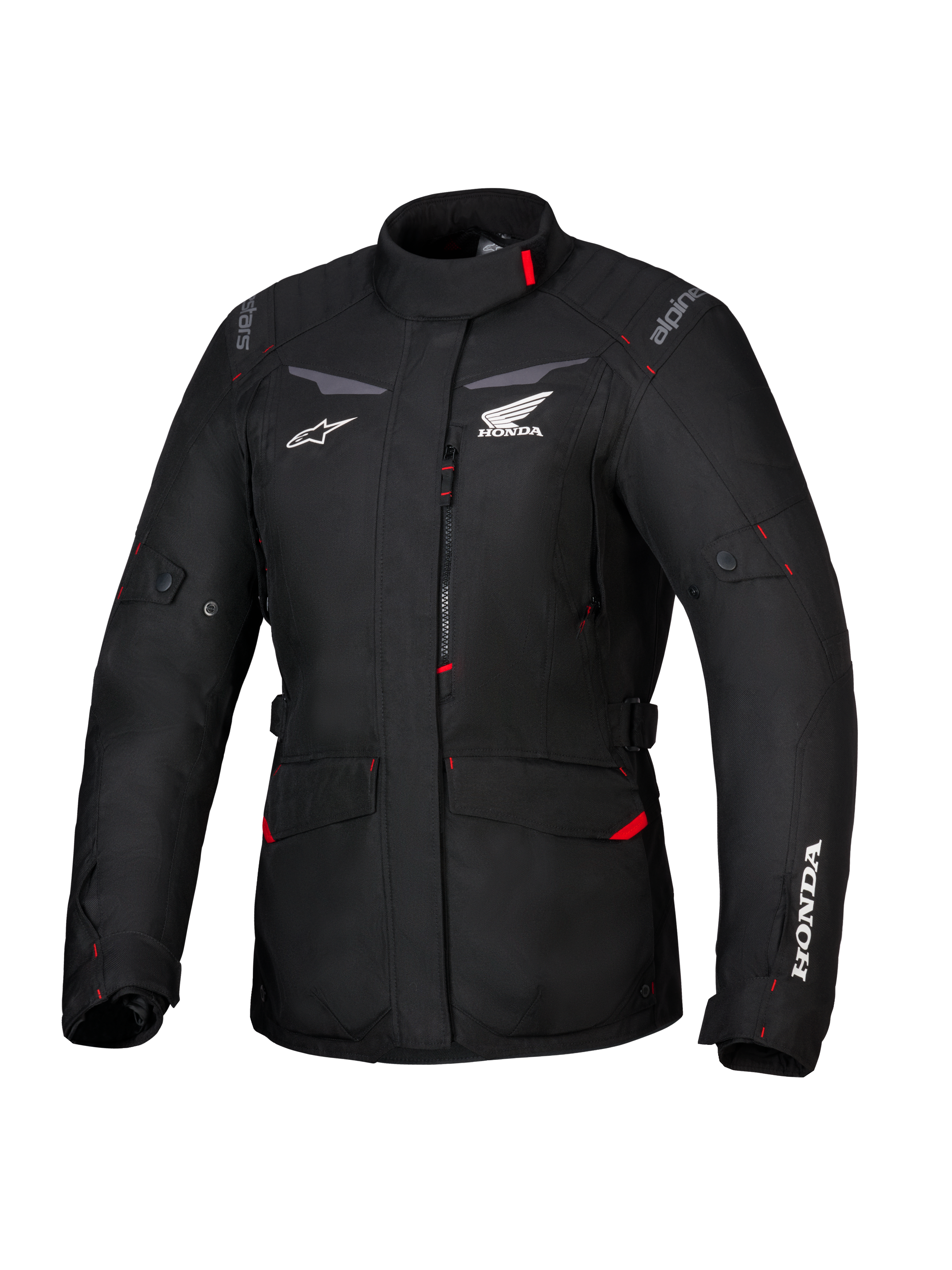 Alpinestars Honda Stella ST-1 WP motorjas, waterdichte tourjas voor dames, zwart met rode accenten en witte Honda-logo's, hoge kraag, ritssluiting aan de voorzijde, uitbreidbare cargozakken, duurzame textiele adventure-uitrusting