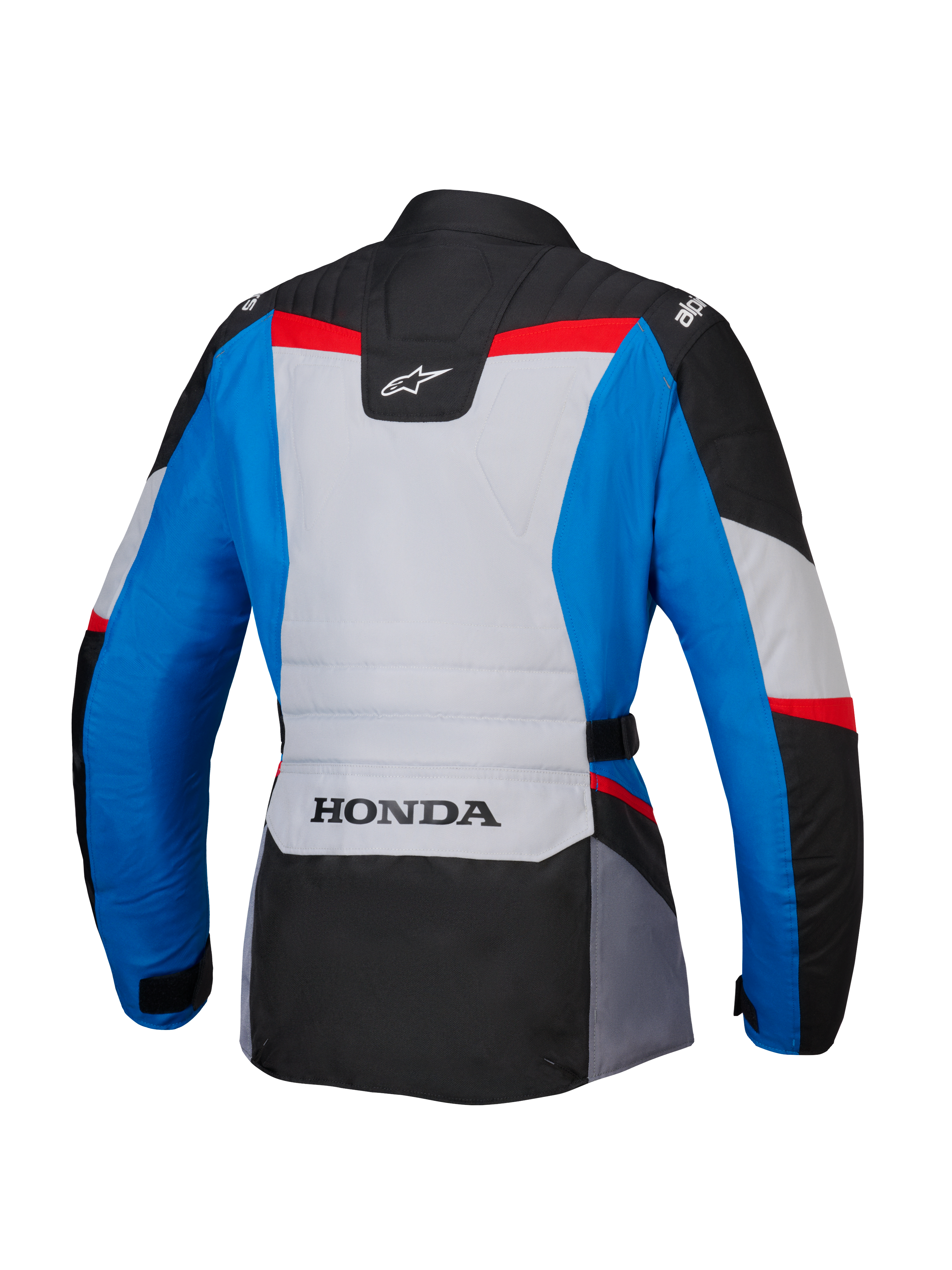 Alpinestars Honda Stella ST-1 WP damesjas, achteraanzicht, adventure touring motorjas in blauw, ijsgrijs en zwart met rode accenten, voorzien van HONDA-branding op de onderrug en Alpinestars-logo's op de schouders en bovenrug.