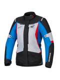 Alpinestars Honda Stella ST-1 WP damesjas, waterdichte motorjas voor dames, Ice Gray, blauw en zwart met rode accenten, hoge kraag en ritssluiting aan de voorzijde, Honda en Alpinestars logo's op de borst en mouwen, duurzame adventure touring textieljas