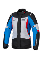 Alpinestars Honda Stella ST-1 WP damesjas, waterdichte motorjas voor dames, Ice Gray, blauw en zwart met rode accenten, hoge kraag en ritssluiting aan de voorzijde, Honda en Alpinestars logo's op de borst en mouwen, duurzame adventure touring textieljas
